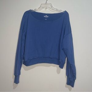 Hollister Deep Blue Boat Neck Cotton Blend M Sweatshirt Embroidered Sleeve Logo